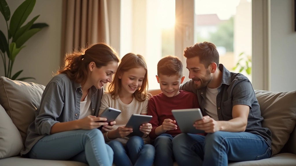 Padres e hijos usando dispositivos móviles juntos en la sala de estar