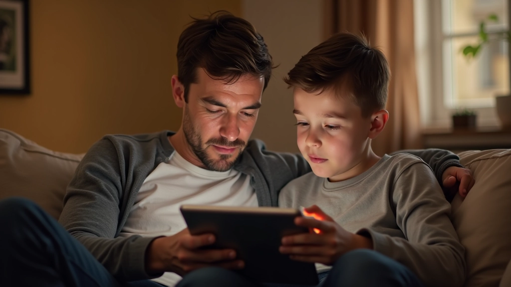 Padre e hijo usando iPad juntos para revisar reportes de Tiempo de Pantalla