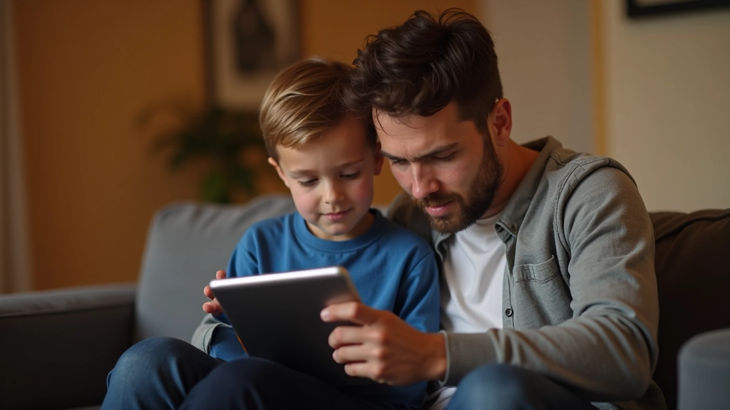 Padre e hijo revisando pantalla de tablet juntos en sala de estar moderna