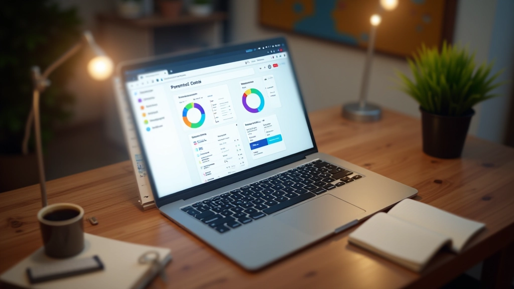 Laptop abierta en escritorio mostrando panel de control parental con gráficos de uso