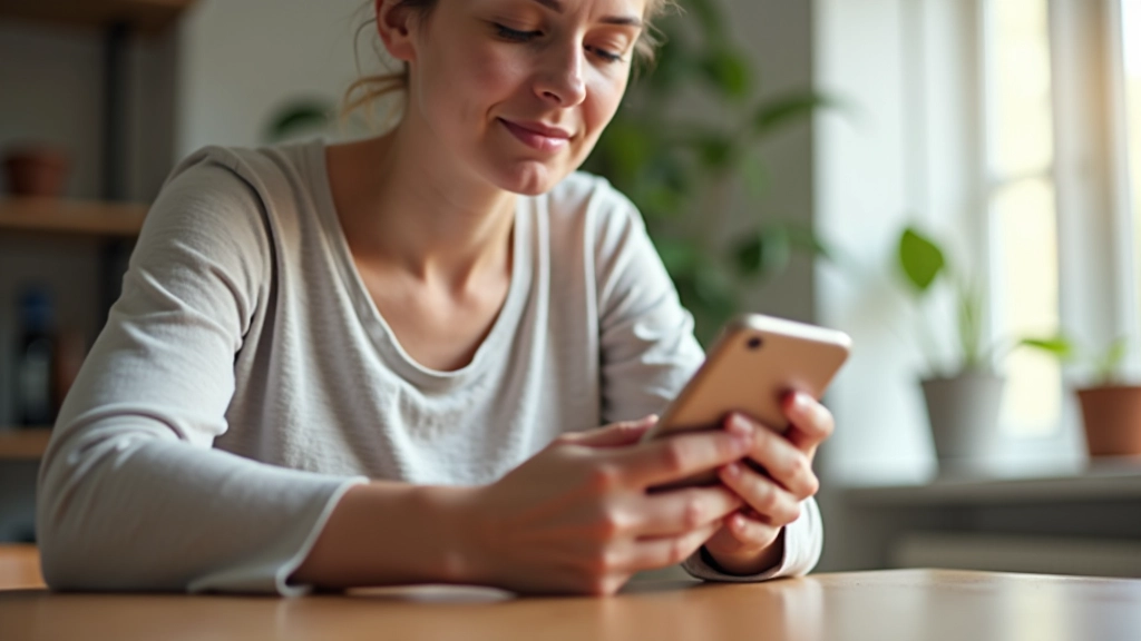 Mujer adulta mirando pantalla de iPhone con aplicación de control parental activada
